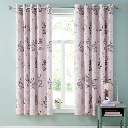 Bunny Tails Ditsy Flowers Fully Reversible 66x72 Inch Eyelet Curtains Two Panels Pink