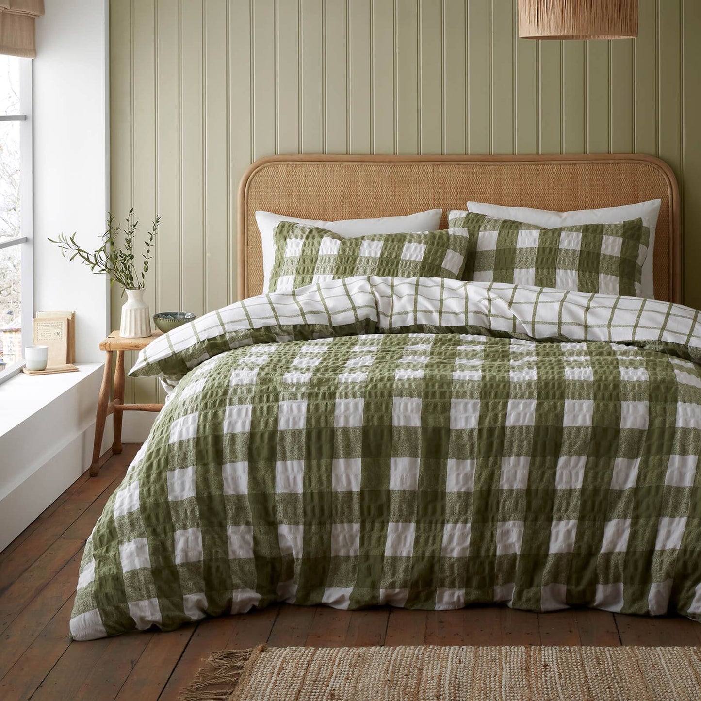 Brushed Seersucker Gingham Olive Duvet Cover Set