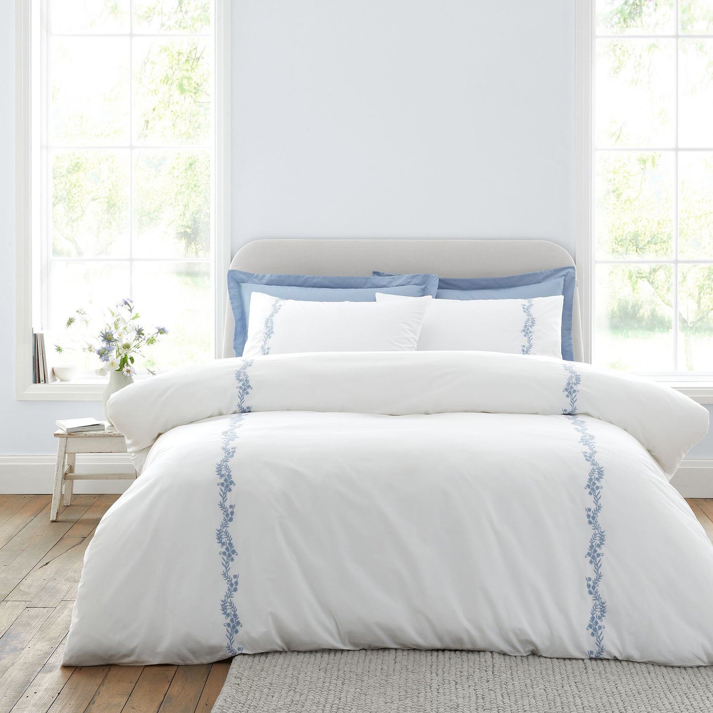 Bianca Camille Embroidered Floral White / Blue Duvet Cover Set
