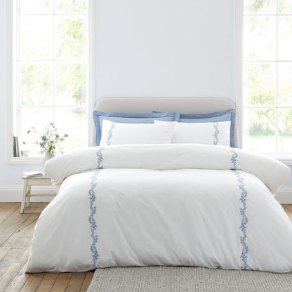 Bianca Camille Embroidered Floral White / Blue Duvet Cover Set