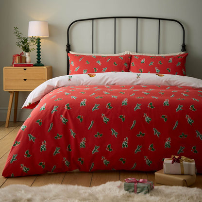 Catherine Lansfield Christmas Robins Printed Reversible Bedding Duvet Cover Set Red