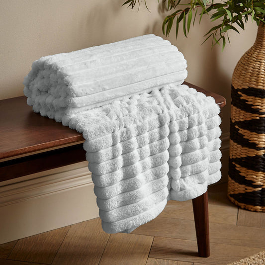 Cosy Ribbed Faux Fur Soft Blanket Throw Grey