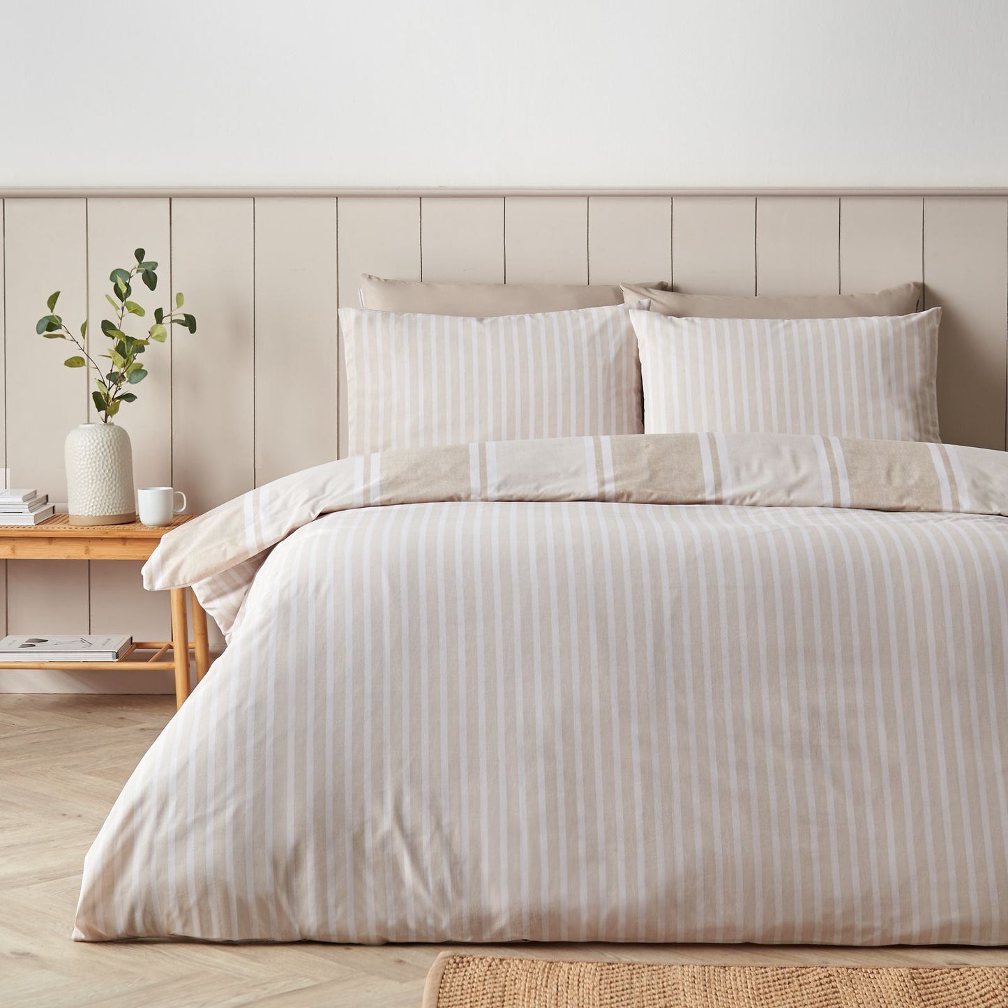Catherine Lansfield Banded Stripe Natural Duvet Cover Set