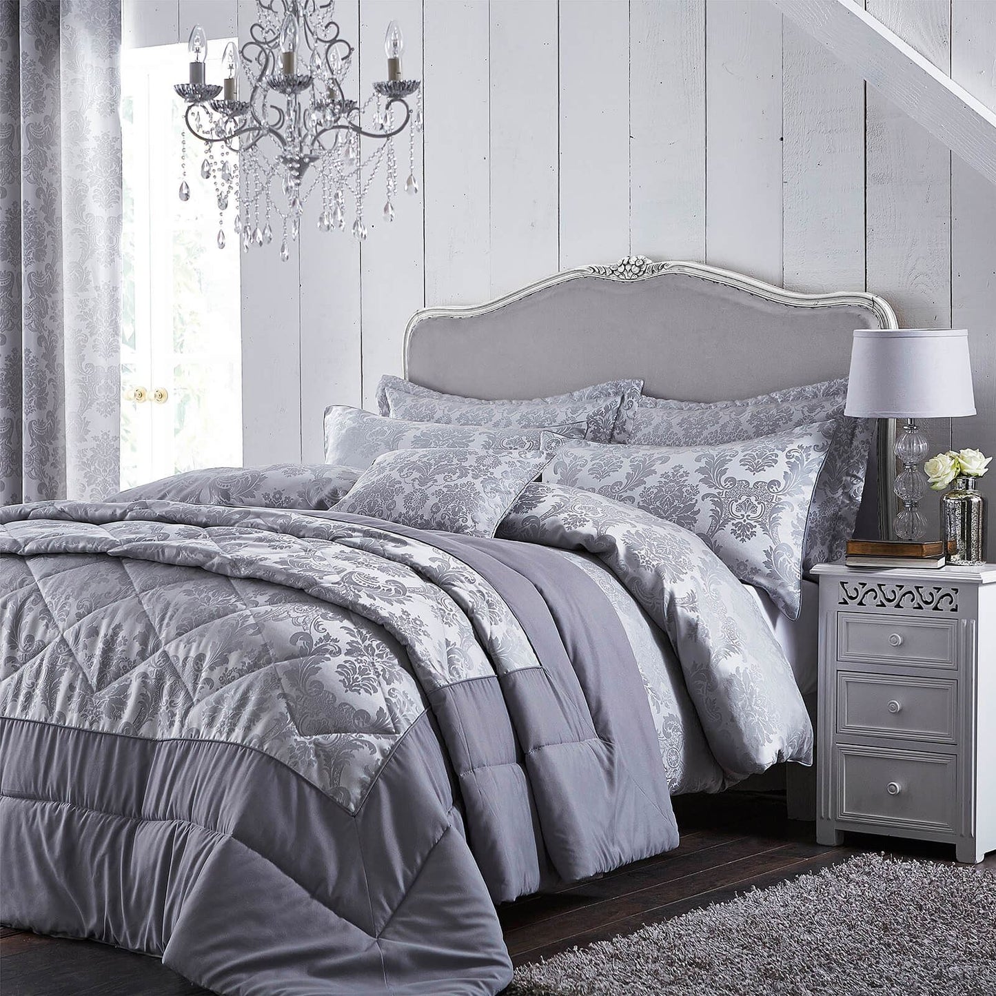 Damask Jacquard Silver Duvet Set