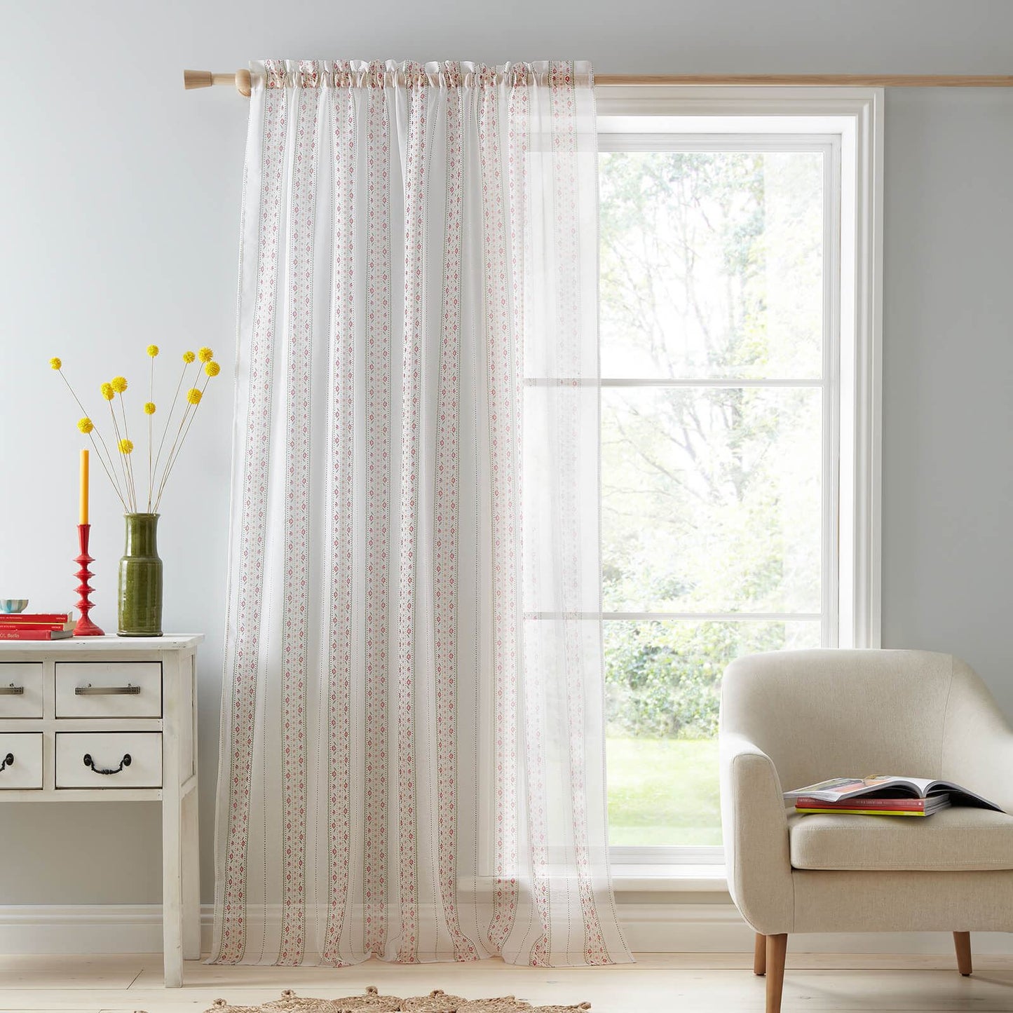 Floral Stripe Slot Top White Curtain Panel - Voile