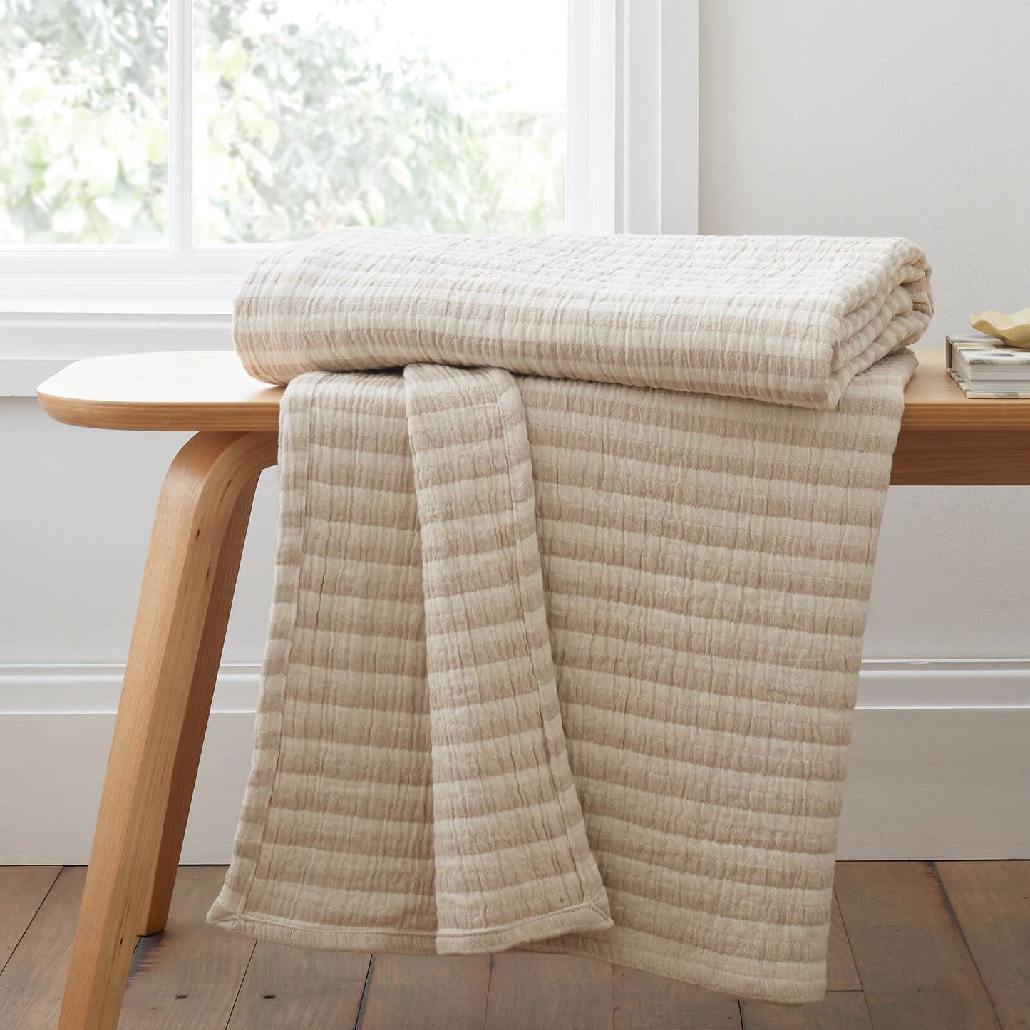 Bianca Fine Linens Cotton Muslin Stripe Blanket Throw Natural - 150x200cm