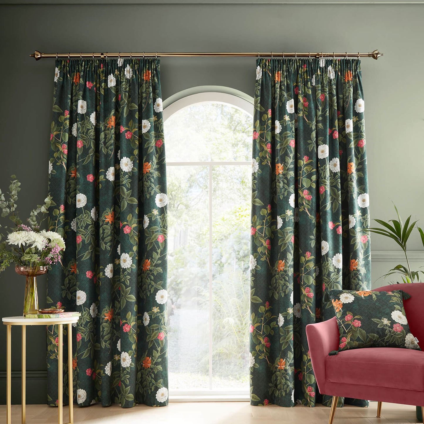 Arcadia Floral Green Curtains Two Panels