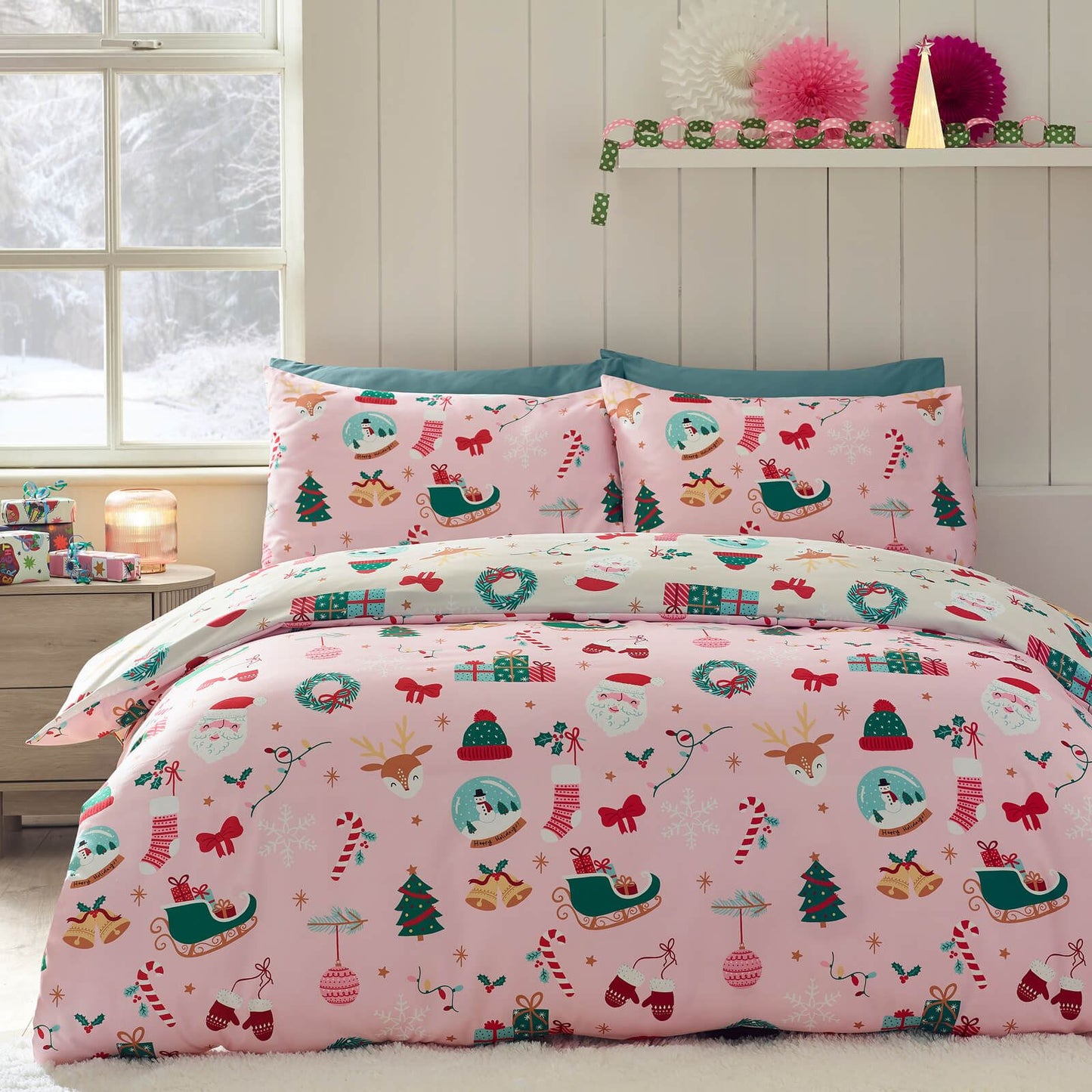 Catherine Lansfield Christmas Happy Holidays Reversible Bedding Duvet Cover Set Pink