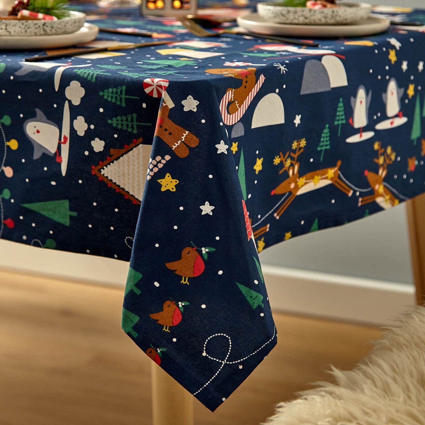 Santa's Christmas Wonderland Navy Table Cloth