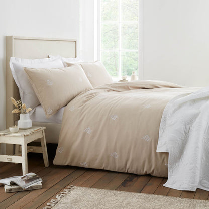 Bianca Fine Linens Leaf Embroidered Cotton Bedding Duvet Cover Set Natural