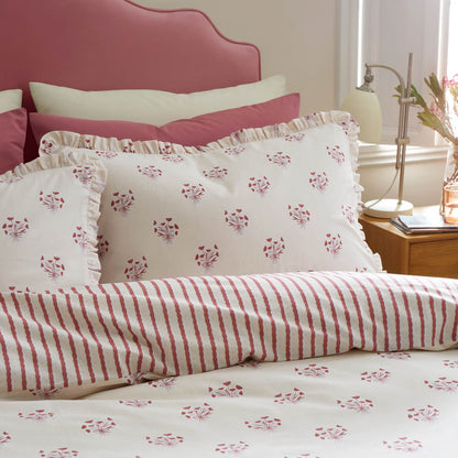 Emily Bond Hand Gathered Posy Reversible Cotton Bedding Duvet Cover Set Cream / Red