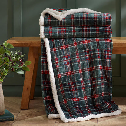 Catherine Lansfield Tartan Sherpa Check Cosy Fleece Blanket Throw Green - 130x170cm