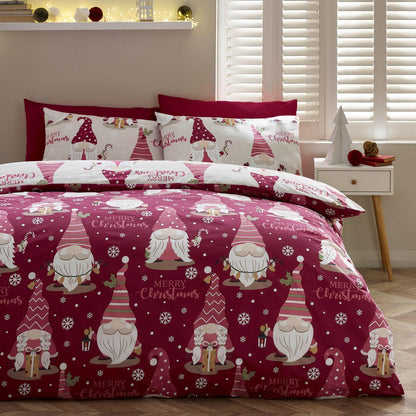 Catherine Lansfield Christmas Gonks Printed Reversible Bedding Duvet Cover Set Plum