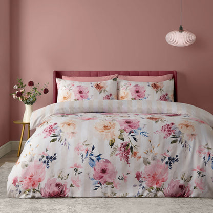 Catherine Lansfield Floral Striped Reversible Bedding Duvet Cover Set Cream