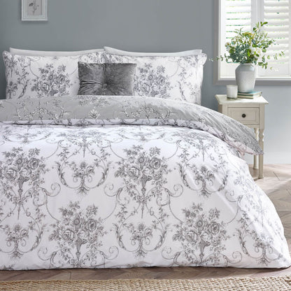 Catherine Lansfield Antoinette Damask Reversible Bedding Duvet Cover Set Grey