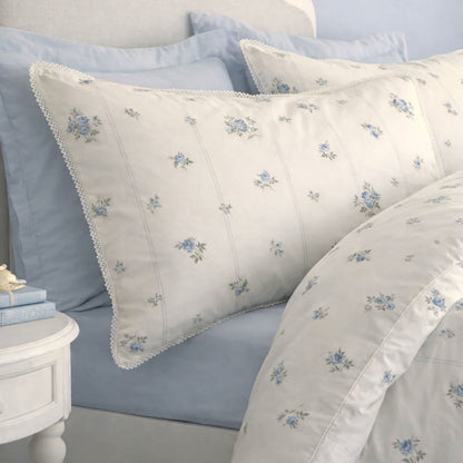 Bianca Fine Linens Vintage Rosebud Lace Reversible Cotton Bedding Duvet Cover Set Blue