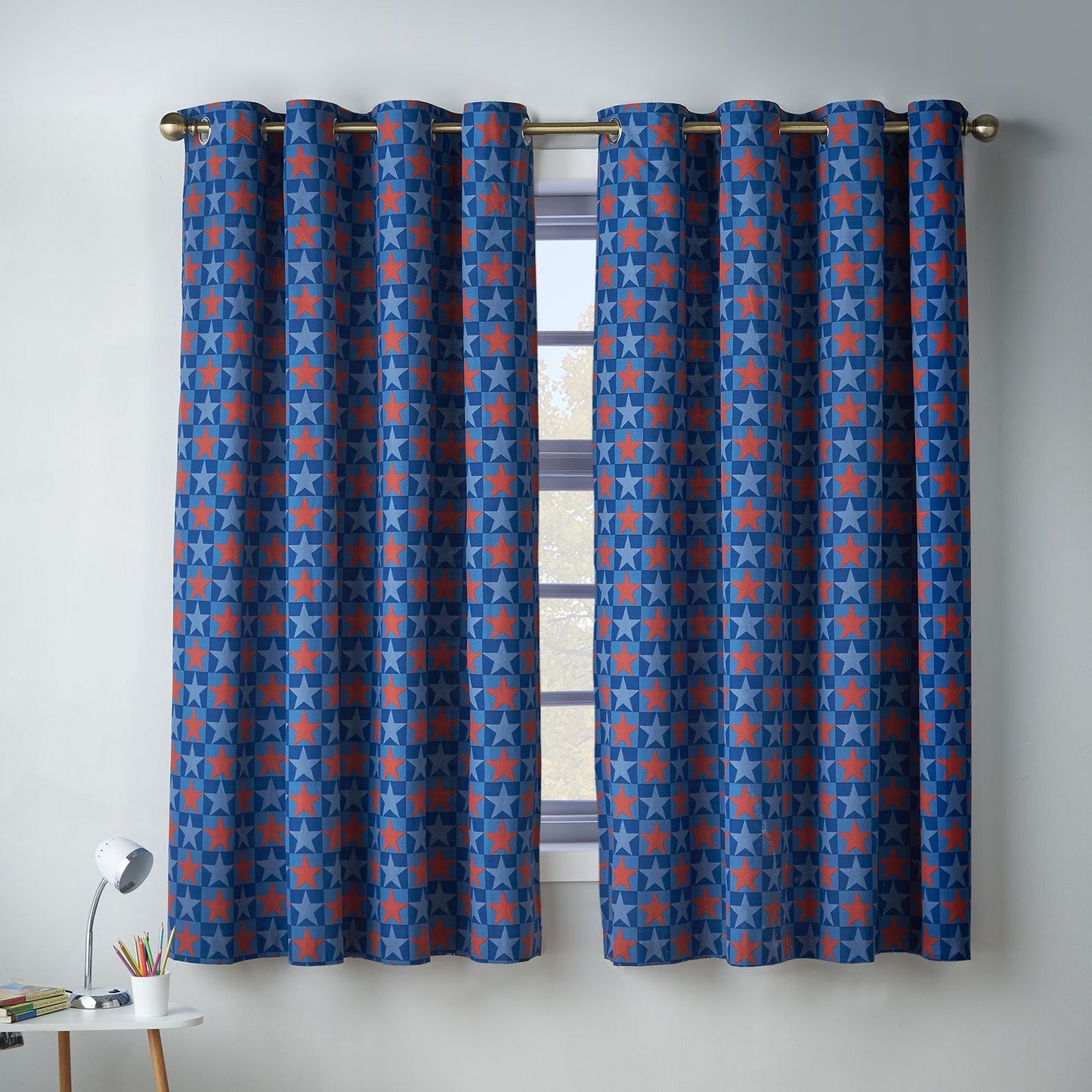 Catherine Lansfield Stars and Check Blue Curtains Two Panels - 66x72 Inch