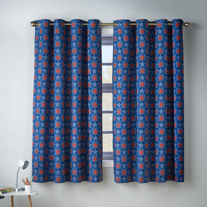 Catherine Lansfield Stars and Check Blue Curtains Two Panels - 66x72 Inch