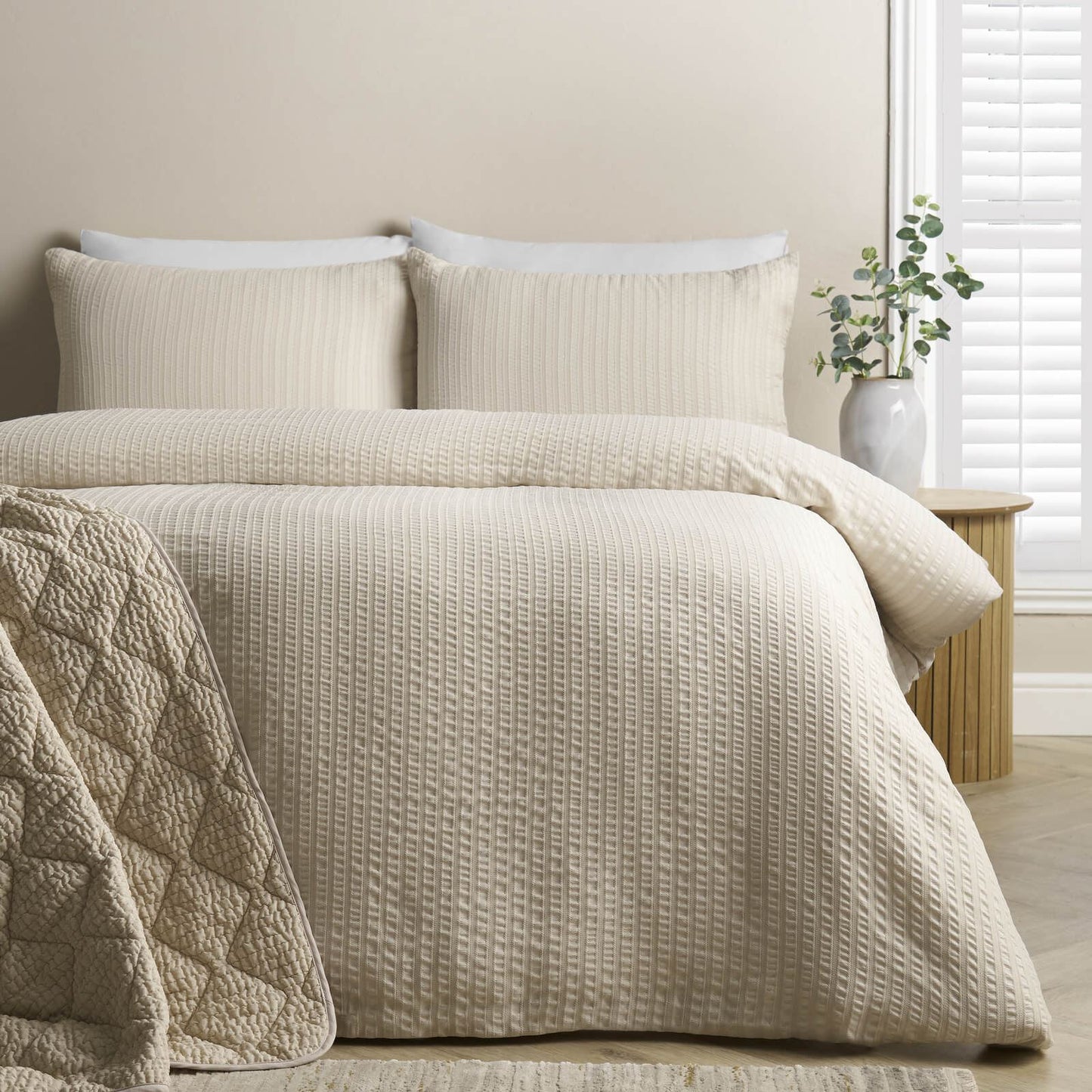 Catherine Lansfield Striped Seersucker Bedding Duvet Cover Set Natural