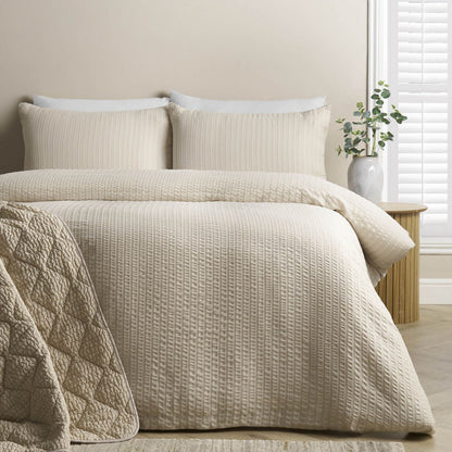 Catherine Lansfield Striped Seersucker Bedding Duvet Cover Set Natural
