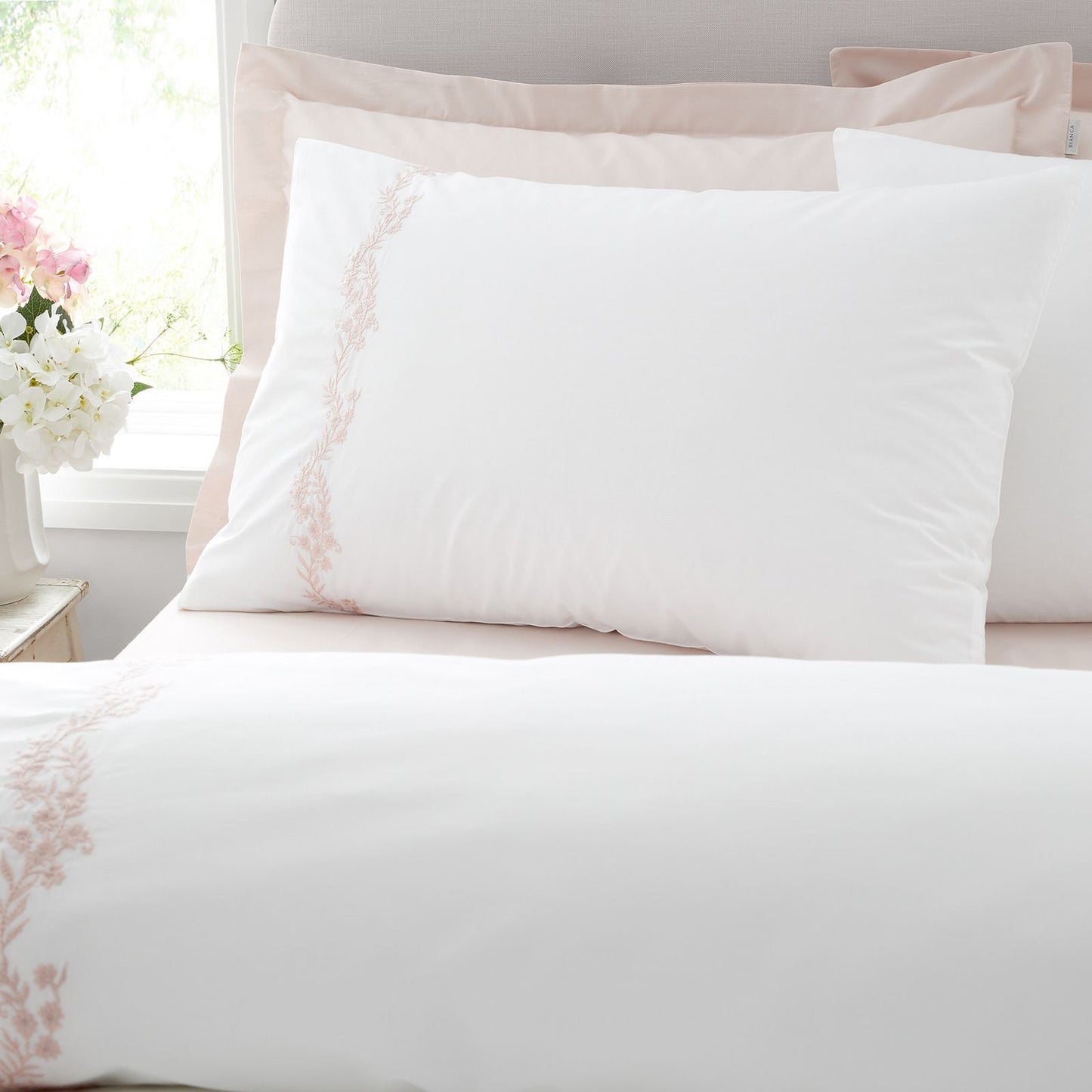 Bianca Camille Embroidered Floral White / Pink Duvet Cover Set