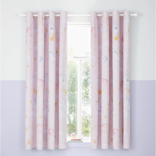 Fairytale Unicorn Fully Reversible 66x72 Inch Eyelet Curtains Two Panels Pink