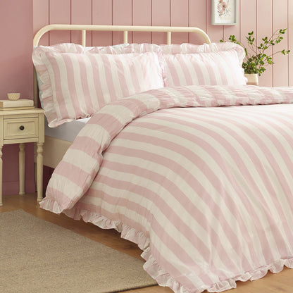 Catherine Lansfield Seersucker Frill Stripe Pink Duvet Cover Set