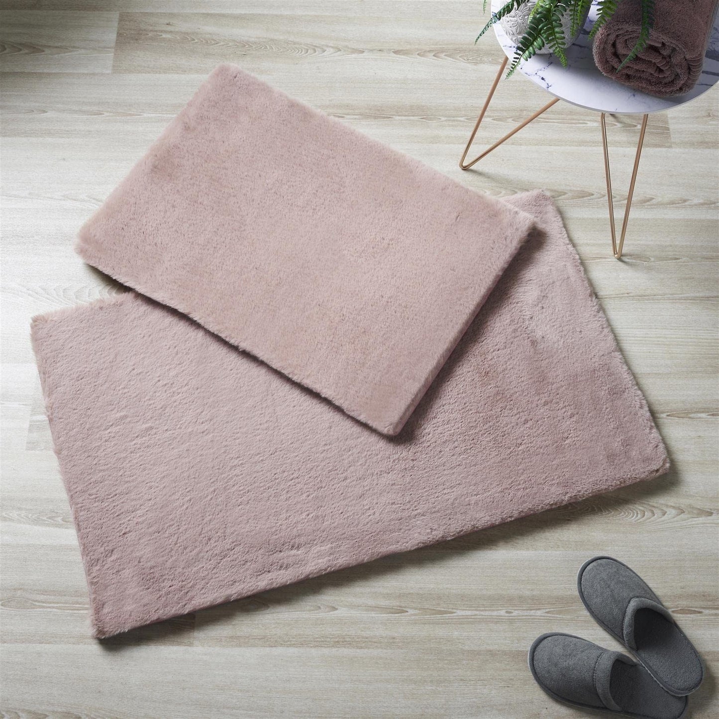 Faux Rabbit Fur Blush Bath Mat Pair