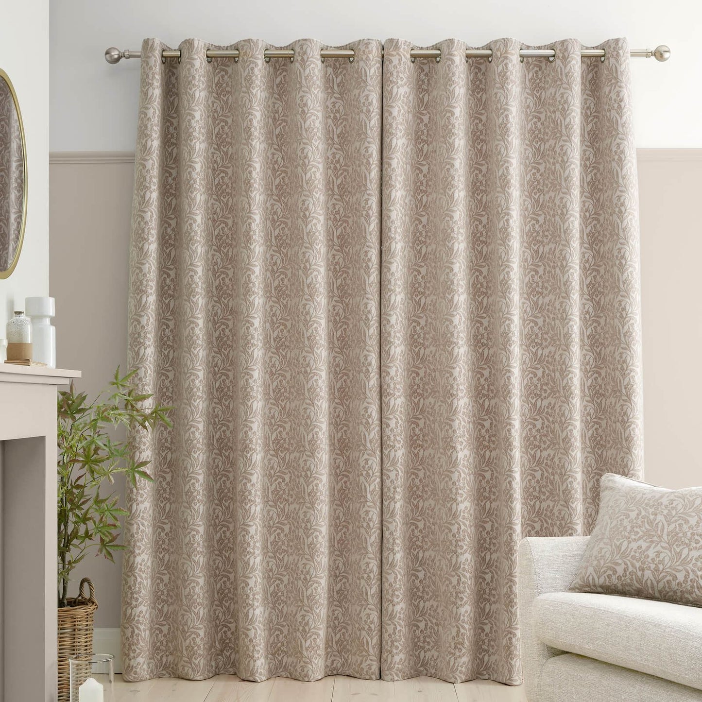 Bianca Fine Linens Chenille Leaves Lined Eyelet Curtains Two Panels Natural