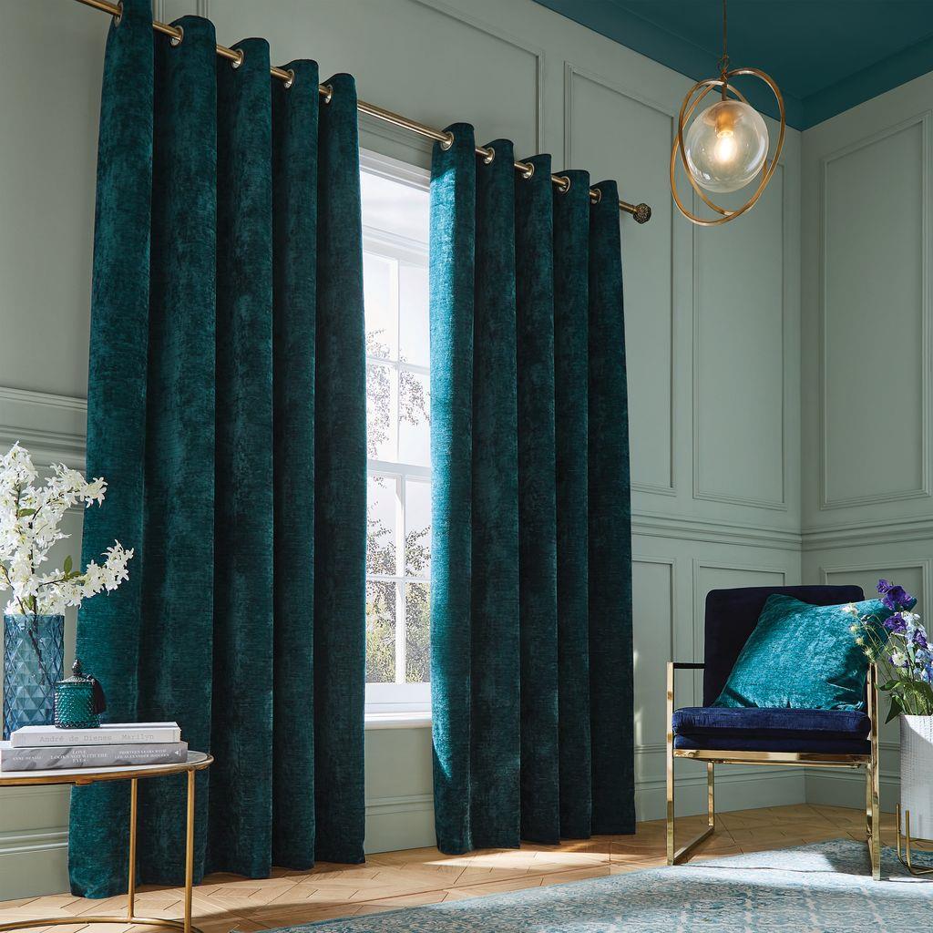 Selene Luxury Chenille Weighted Rich Teal Curtains Two Panels