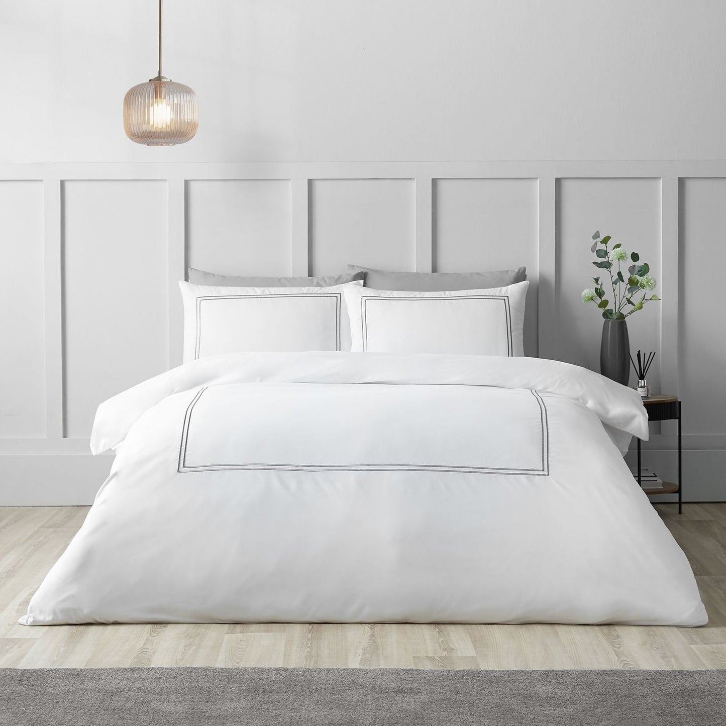 Catherine Lansfield So Soft Mono Satin Stitch White / Silver Duvet Cover Set