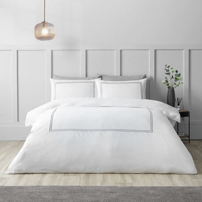 Catherine Lansfield So Soft Mono Satin Stitch White / Silver Duvet Cover Set