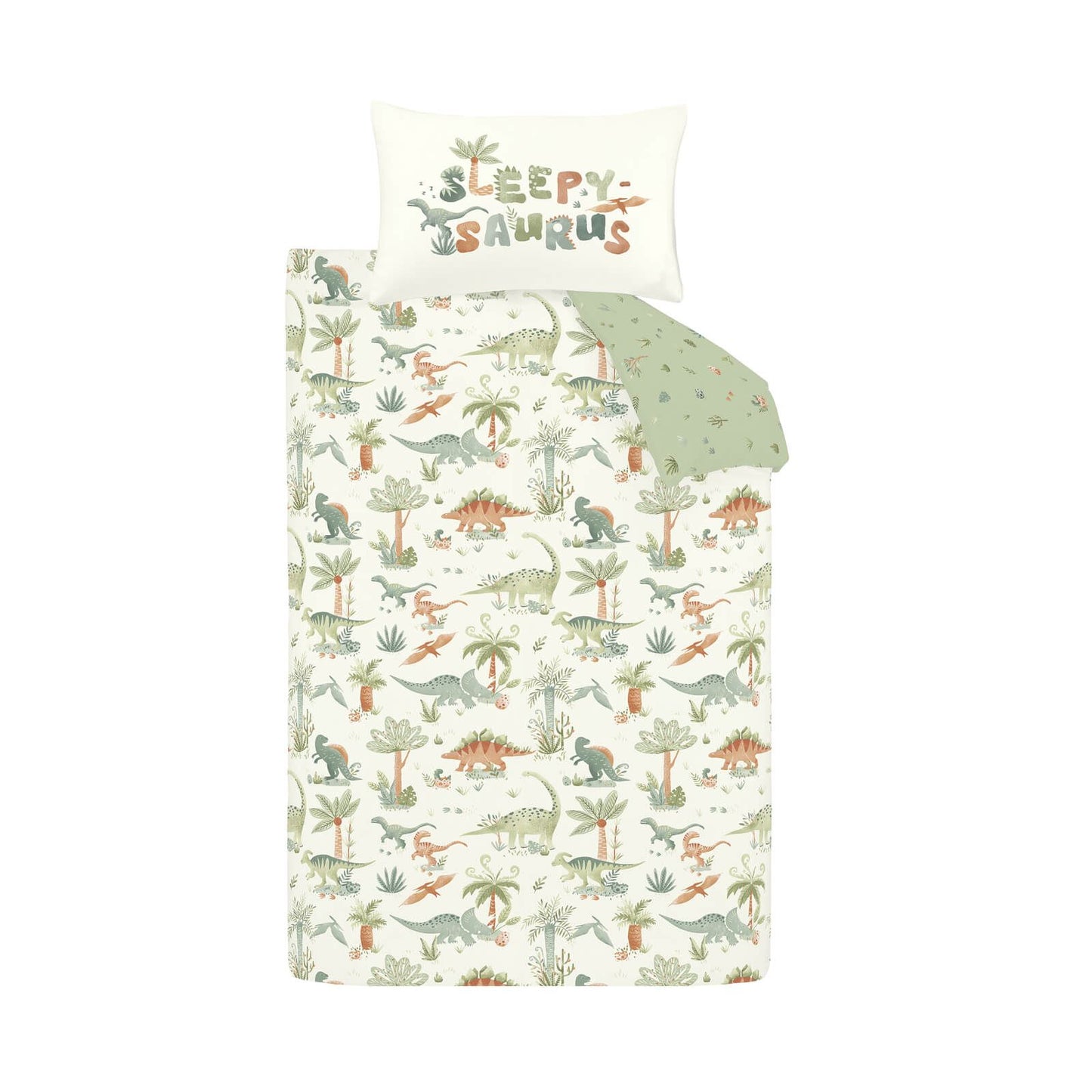 Catherine Lansfield Sleepy Saurus Dino Printed Reversible Cotton Bedding Duvet Cover Set Cream
