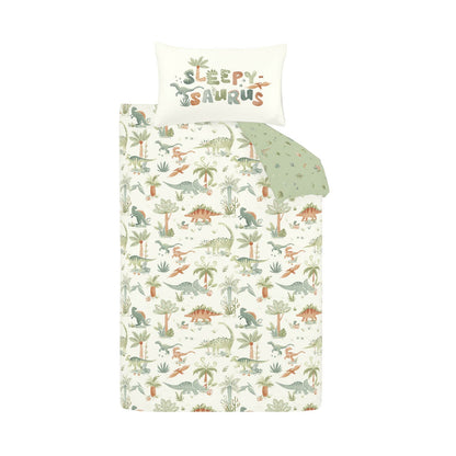 Catherine Lansfield Sleepy Saurus Dino Printed Reversible Cotton Bedding Duvet Cover Set Cream