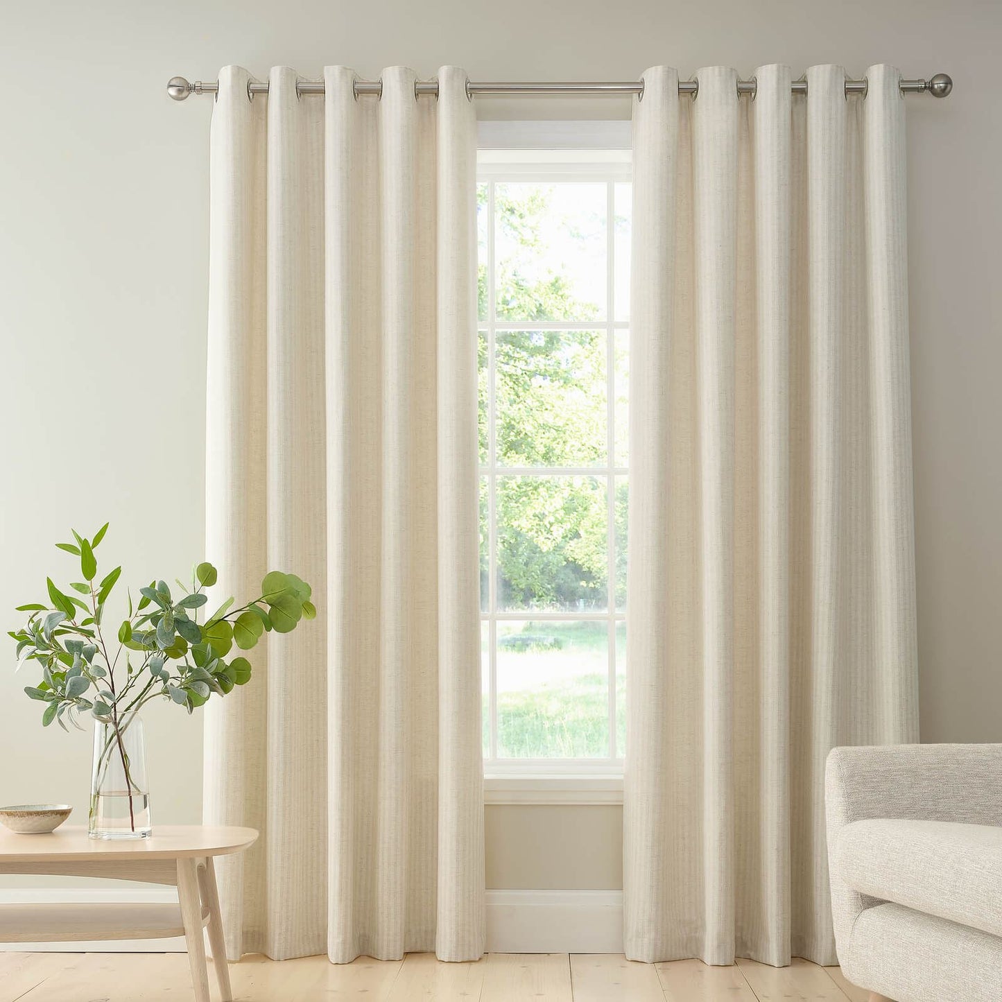Bianca Fine Linens Chenille Stripe Lined Eyelet Curtains Two Panels Cream