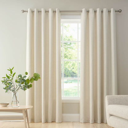 Bianca Fine Linens Chenille Stripe Lined Eyelet Curtains Two Panels Cream