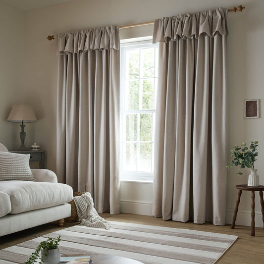 Catherine Lansfield Brushed Texture Ruffle Top Lined Pencil Pleat Curtains Two Panels Natural