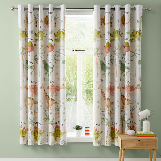 Sleepy Dino Fully Reversible 66x72 Inch Eyelet Curtains Two Panel Green