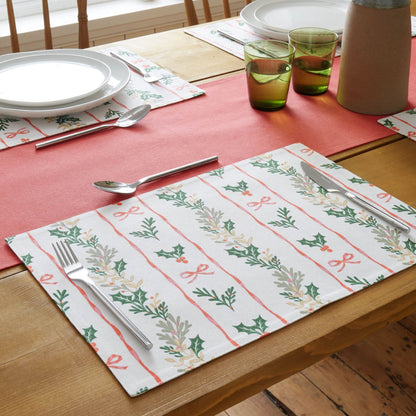 Catherine Lansfield Christmas Holly Stripe Cotton Dining Placemat 4 Pack Cream / Red - 30x46cm
