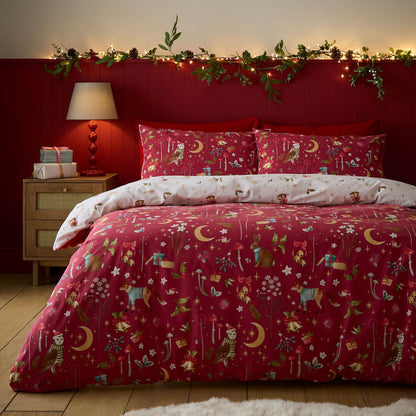 Catherine Lansfield Christmas Enchanted Twilight Reversible Cotton Bedding Duvet Cover Set Red