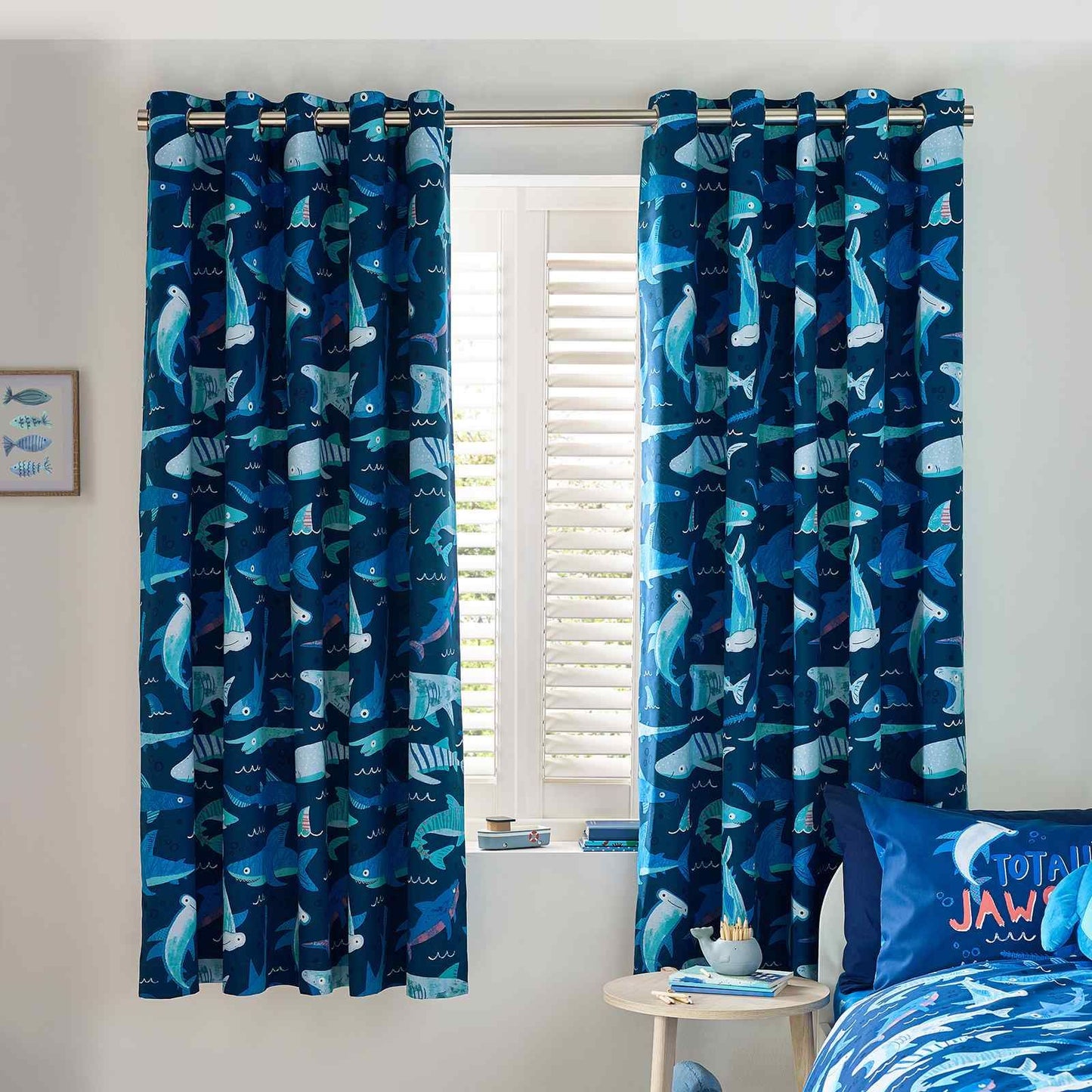 Jawsome Shark Navy Blue Curtains Two Panels - 66x72 Inch