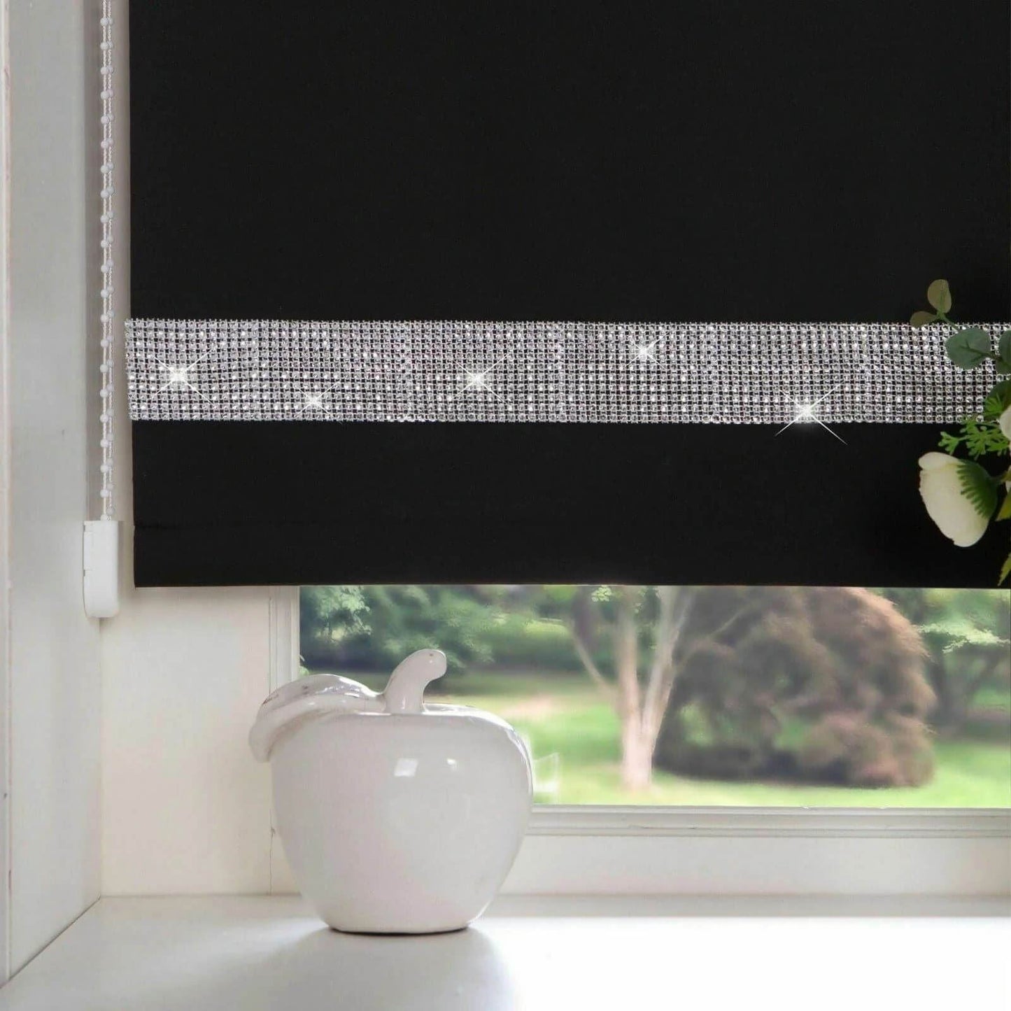 Plain Diamante Trimmable Black Roller Blind