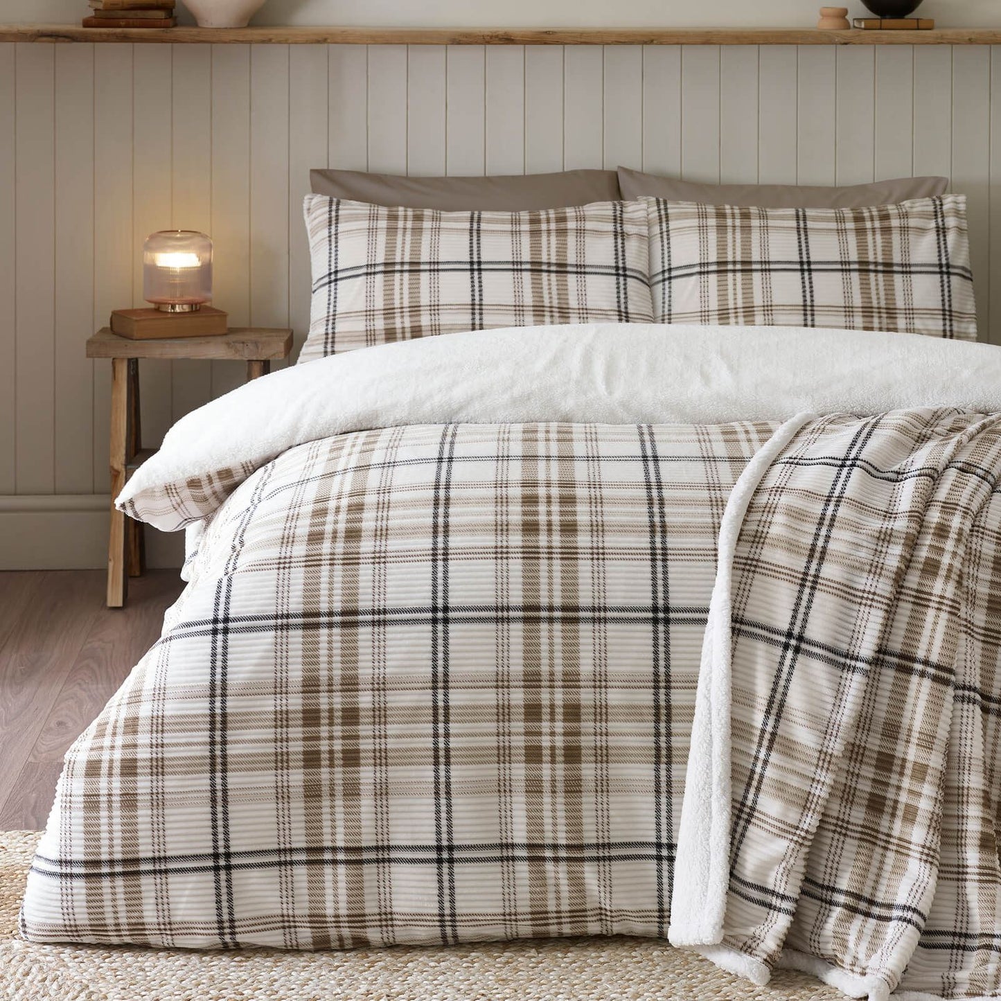 Catherine Lansfield Cosy Ribbed Check Bedding Duvet Cover Set Natural