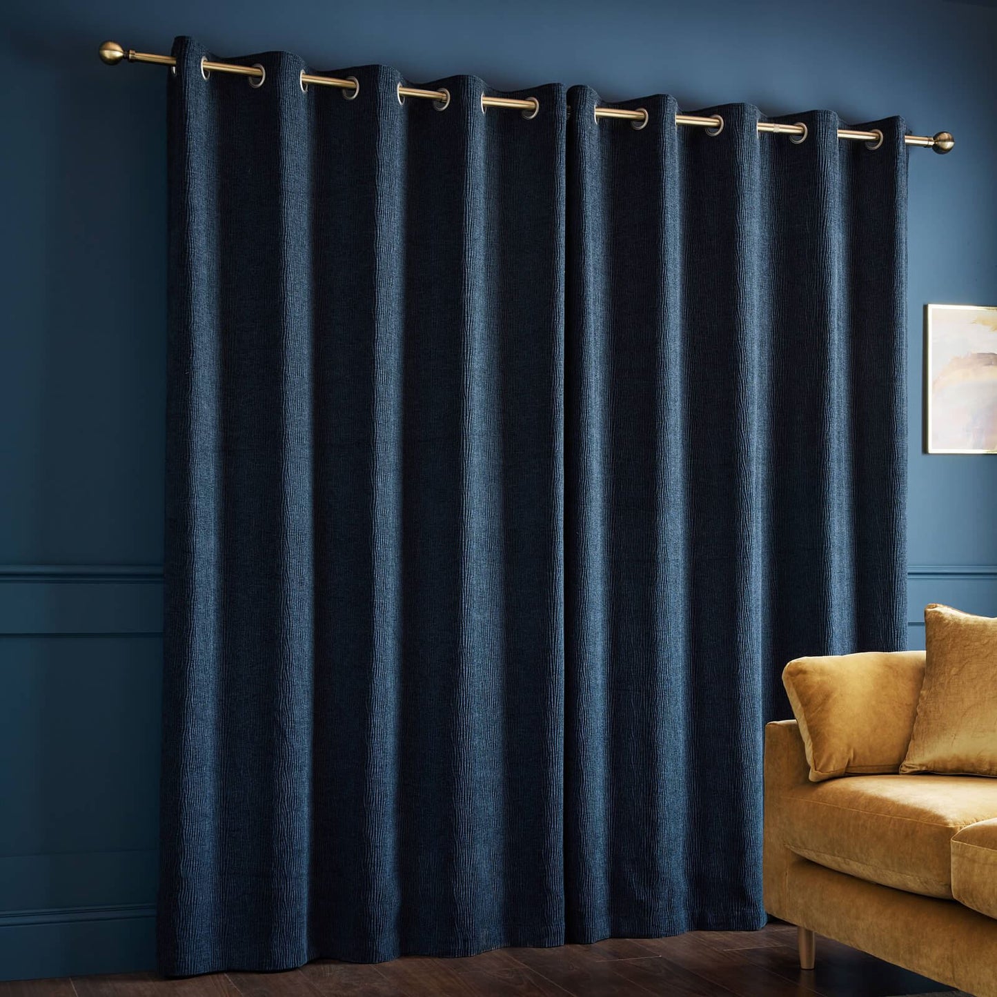 Catherine Lansfield Crinkle Chenille Lined Eyelet Curtains Two Panels Blue