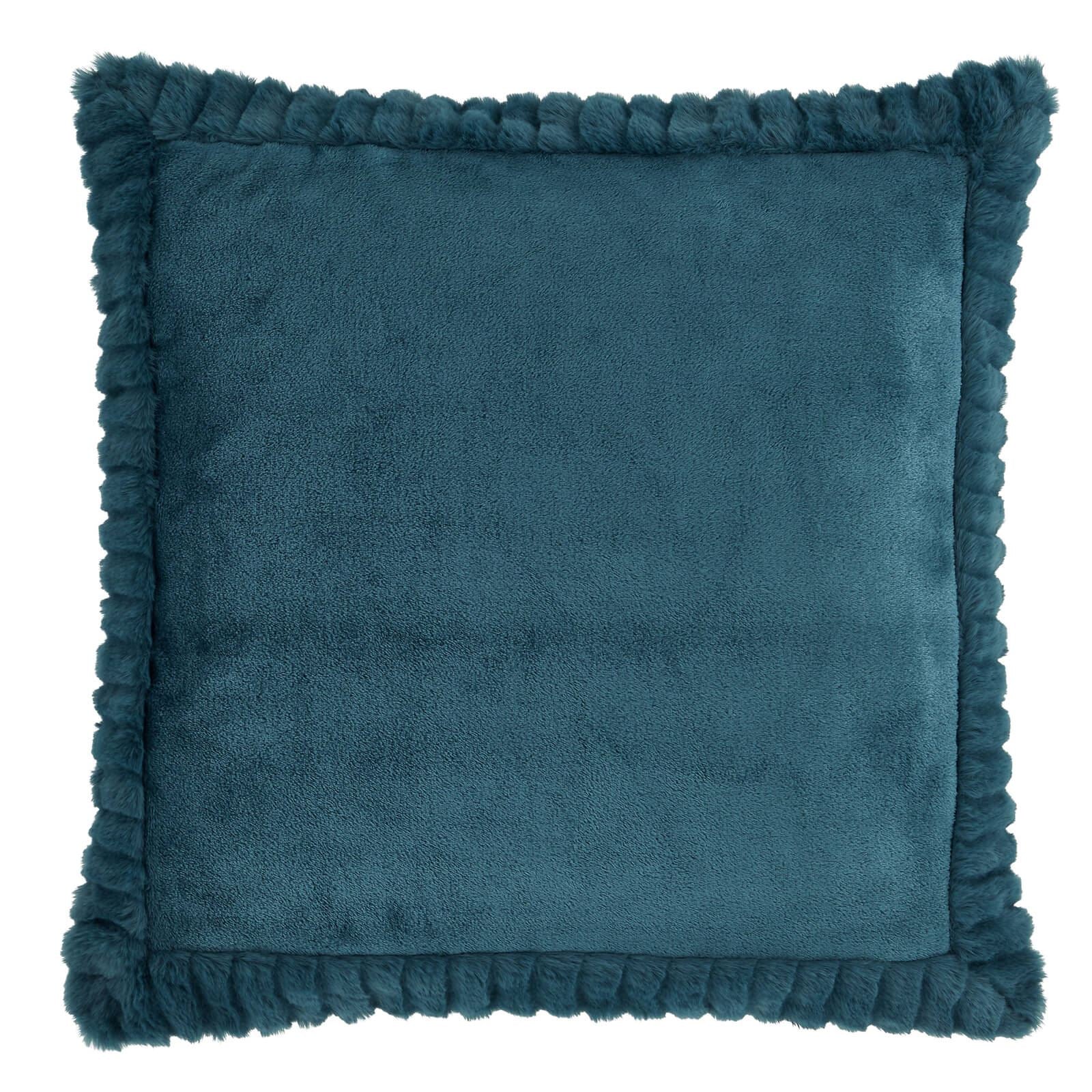 Velvet And Faux Fur Teal Filled Cushion