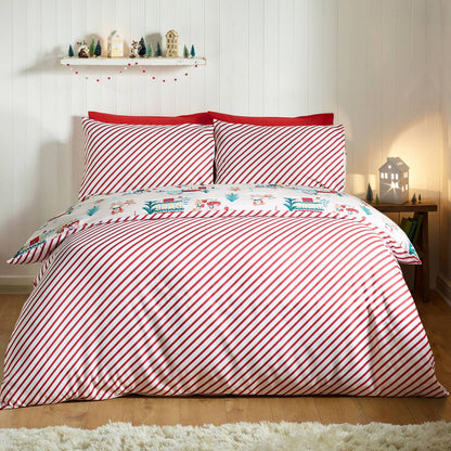 Catherine Lansfield Christmas Mouse Town Reversible Cotton Bedding Duvet Cover Set Natural