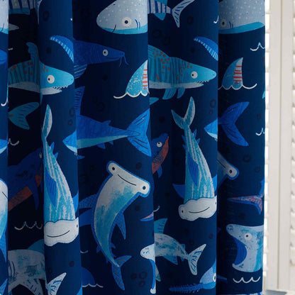 Jawsome Shark Navy Blue Curtains Two Panels - 66x72 Inch