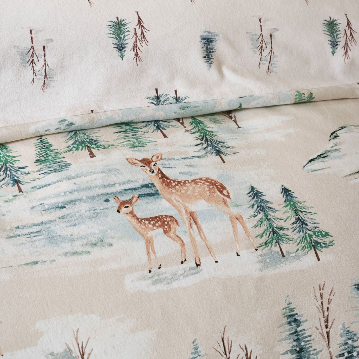 Catherine Lansfield Christmas Deer Print Cotton Bedding Duvet Cover Set Natural