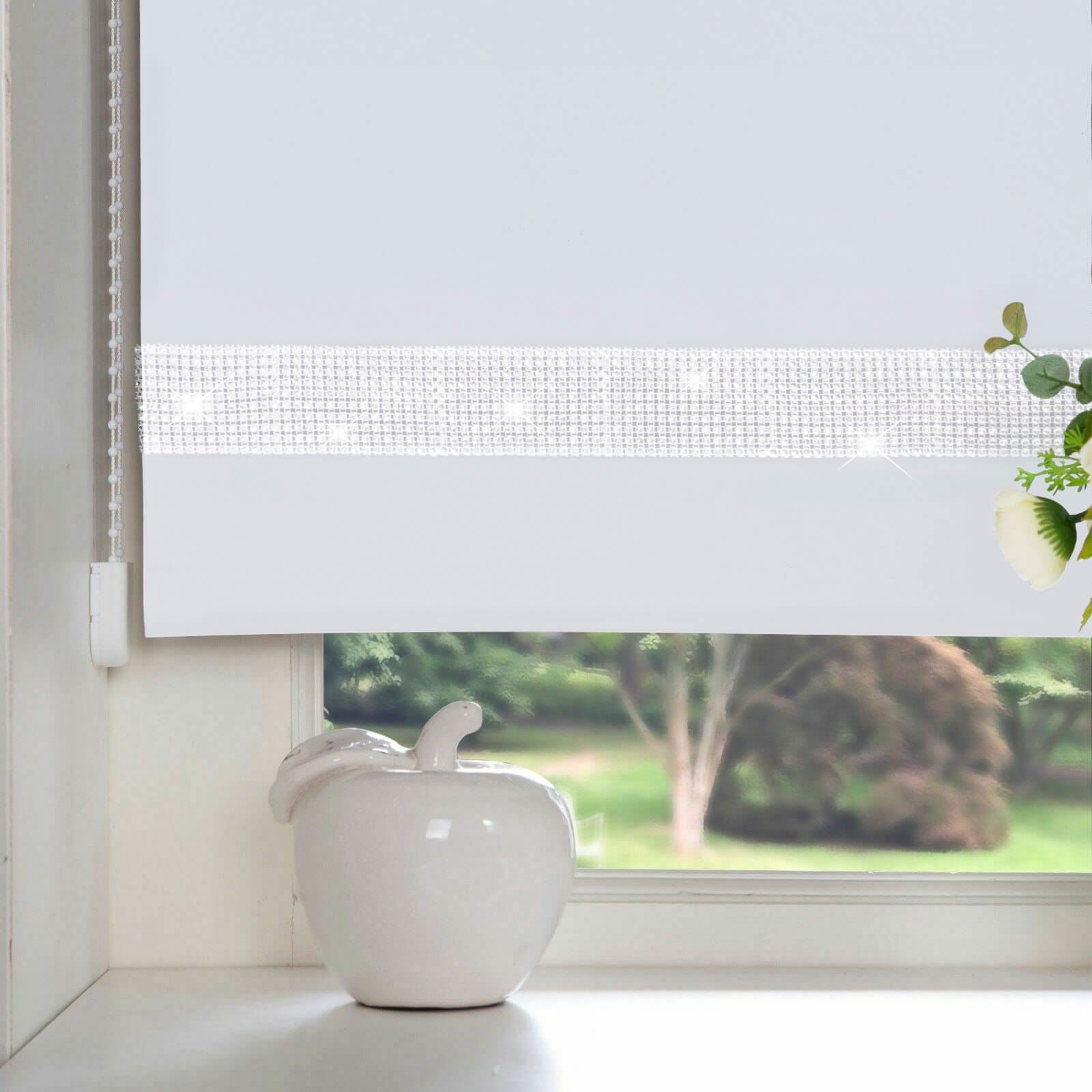 Plain Diamante Trimmable White Roller Blind