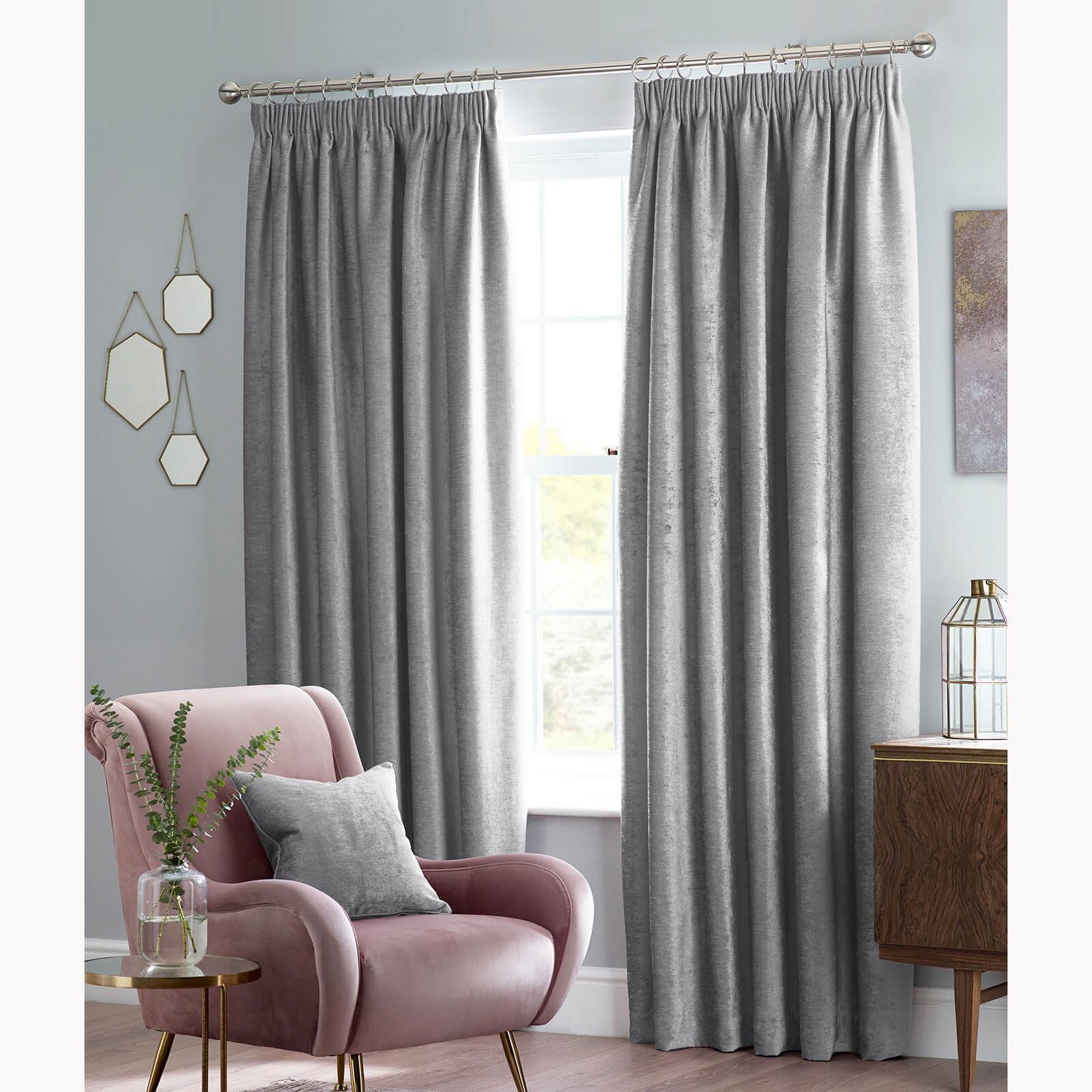 Langley Plain Silver Pencil Pleat Curtains